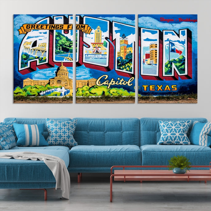 Austin City Sign Greetings from Austin Large Wall Art Canvas Print