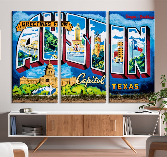 Austin City Sign Greetings from Austin Large Wall Art Canvas Print