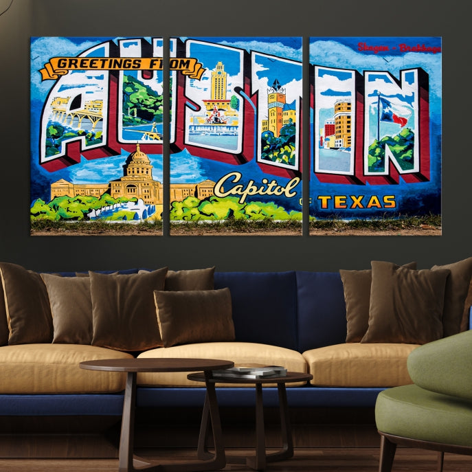 Austin City Sign Greetings from Austin Large Wall Art Canvas Print