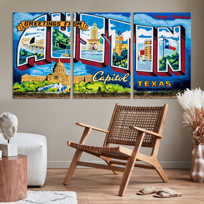 Austin City Sign Greetings from Austin Large Wall Art Canvas Print