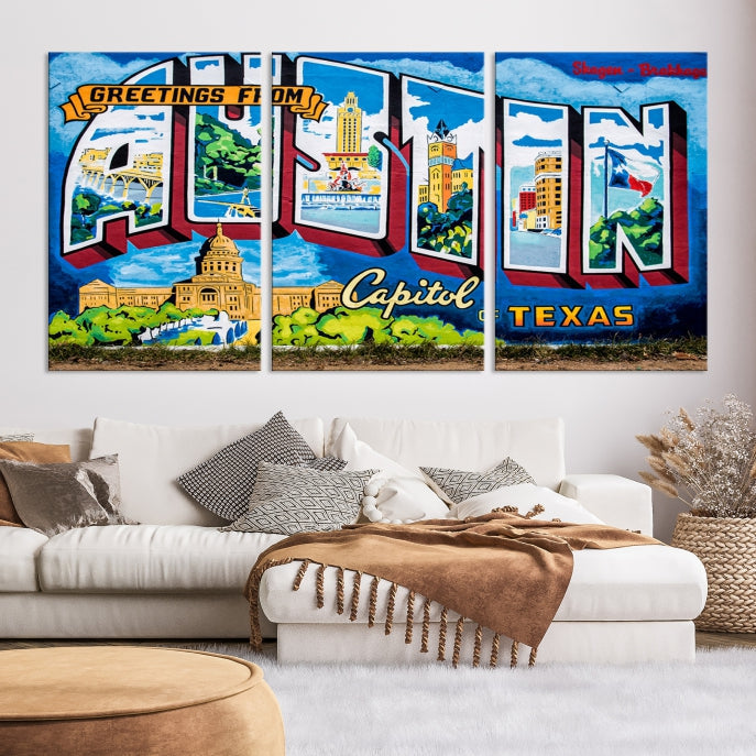 Austin City Sign Greetings from Austin Large Wall Art Canvas Print