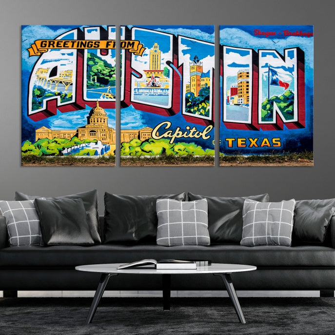 Austin City Sign Greetings from Austin Large Wall Art Canvas Print