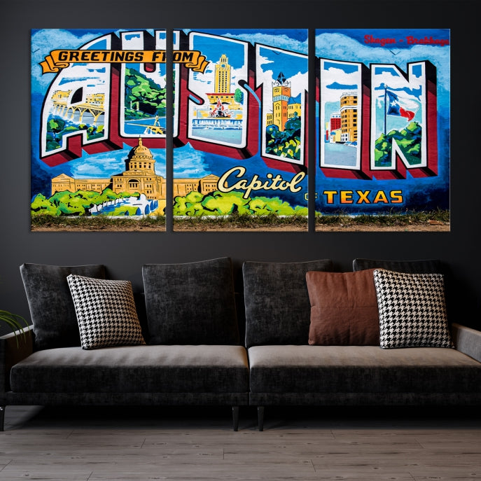 Austin City Sign Greetings from Austin Large Wall Art Canvas Print