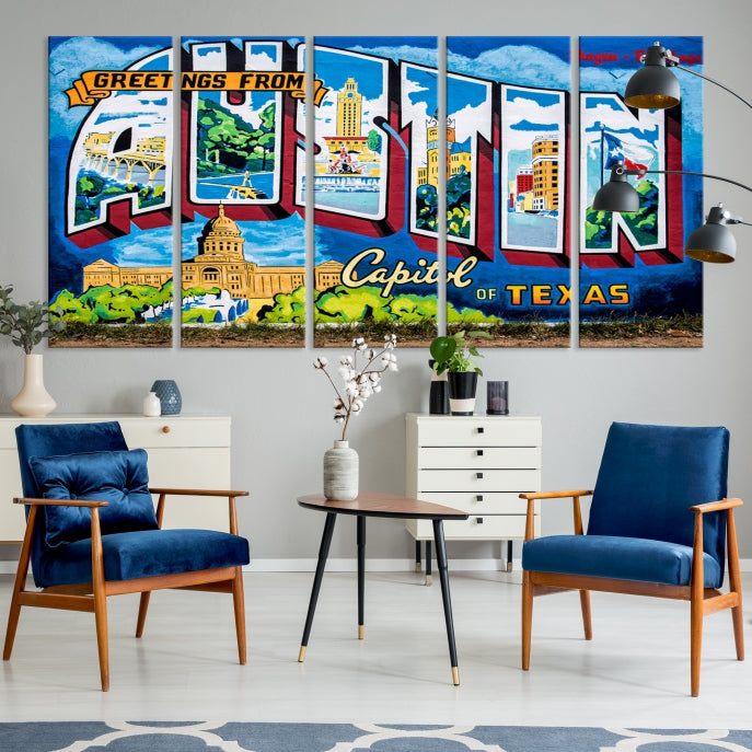 Austin City Sign Greetings from Austin Large Wall Art Canvas Print