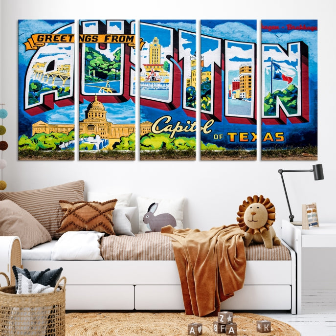 Austin City Sign Greetings from Austin Large Wall Art Canvas Print