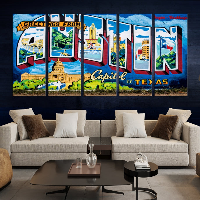 Austin City Sign Greetings from Austin Large Wall Art Canvas Print