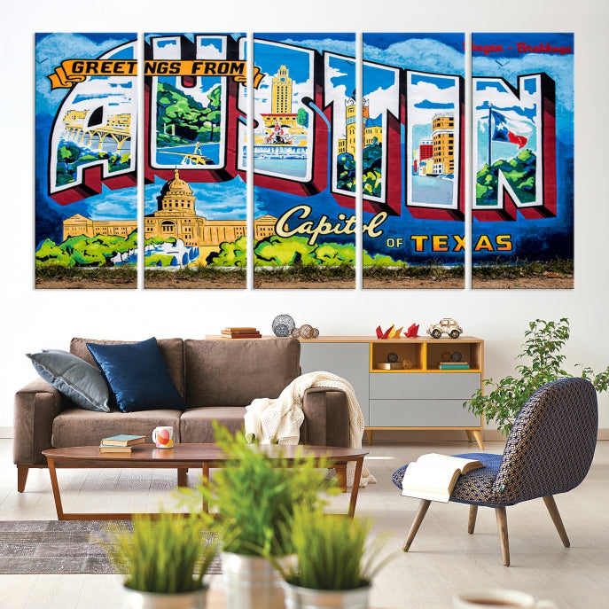 Austin City Sign Greetings from Austin Large Wall Art Canvas Print