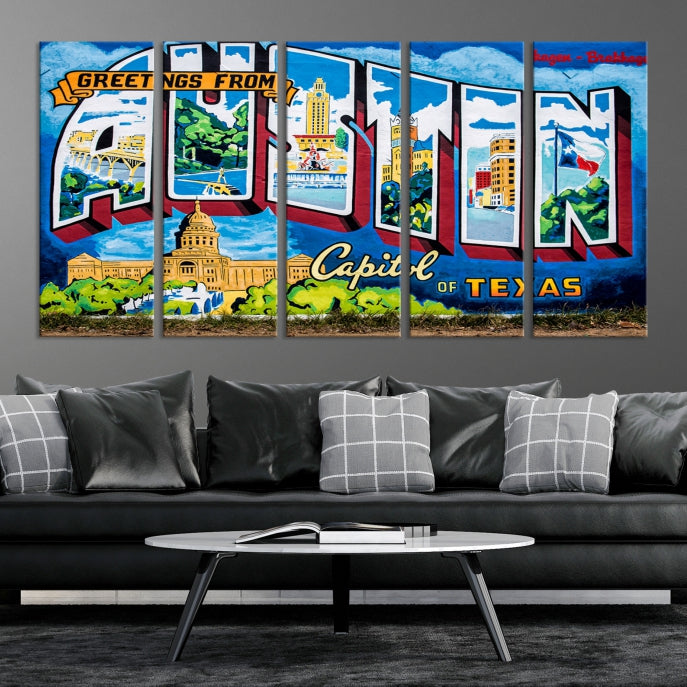 Austin City Sign Greetings from Austin Large Wall Art Canvas Print