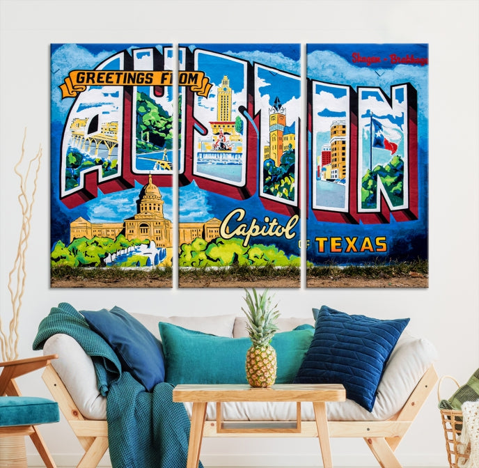 Austin City Sign Greetings from Austin Large Wall Art Canvas Print