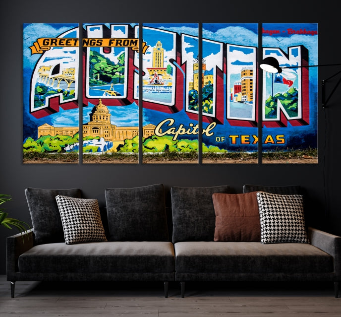 Austin City Sign Greetings from Austin Large Wall Art Canvas Print