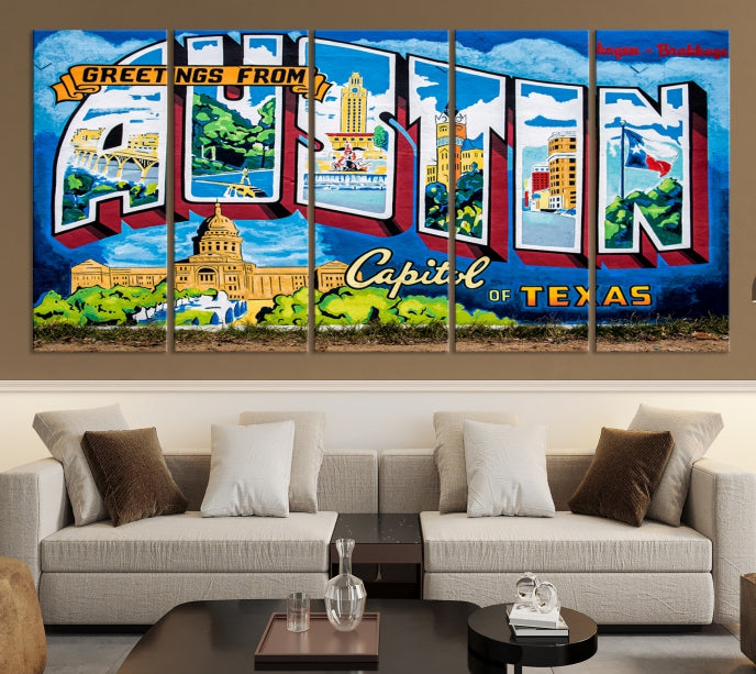 Austin City Sign Greetings from Austin Large Wall Art Canvas Print