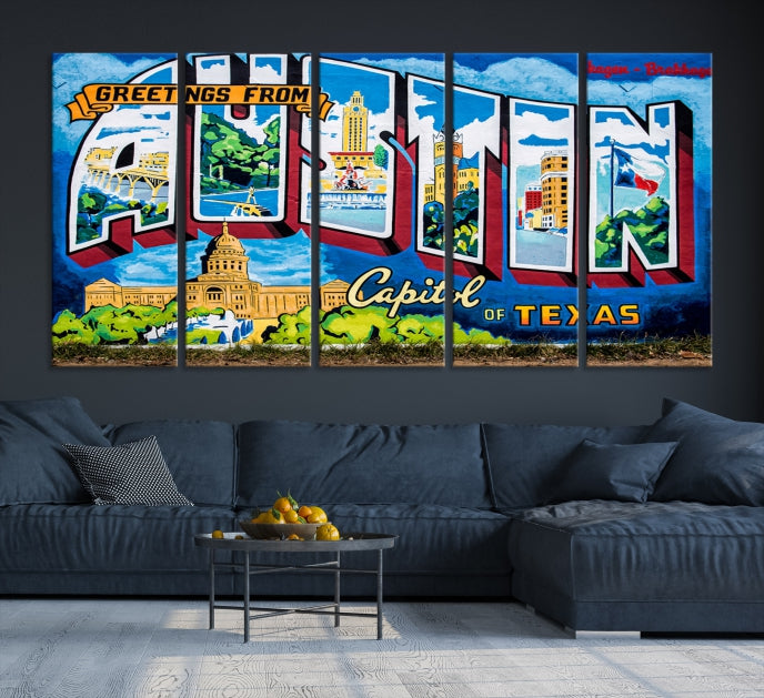 Austin City Sign Greetings from Austin Large Wall Art Canvas Print