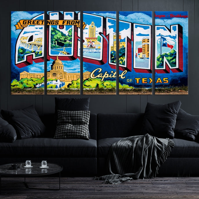 Austin City Sign Greetings from Austin Large Wall Art Canvas Print