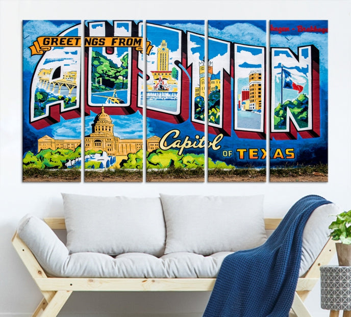 Austin City Sign Greetings from Austin Large Wall Art Canvas Print