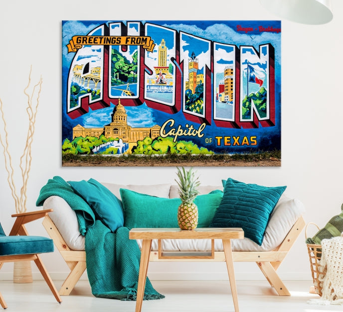 Austin City Sign Greetings from Austin Large Wall Art Canvas Print