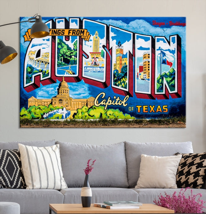 Austin City Sign Greetings from Austin Large Wall Art Canvas Print