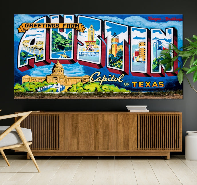 Austin City Sign Greetings from Austin Large Wall Art Canvas Print