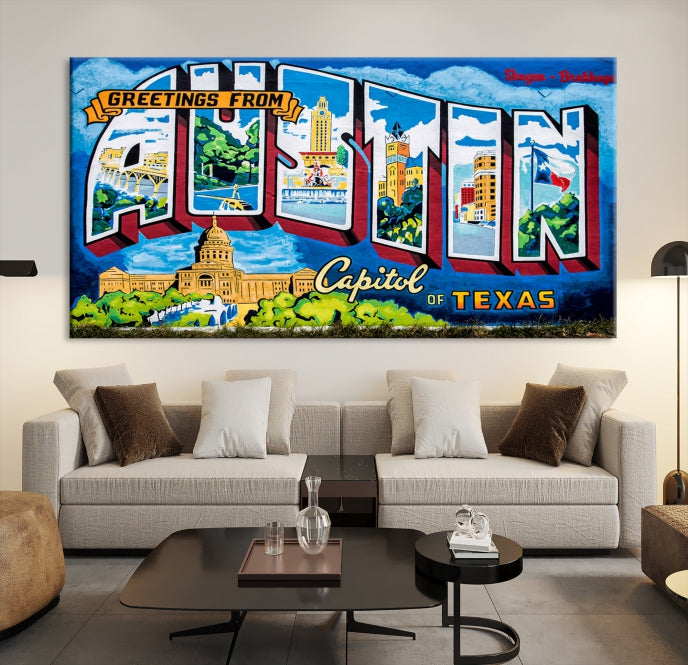 Austin City Sign Greetings from Austin Large Wall Art Canvas Print