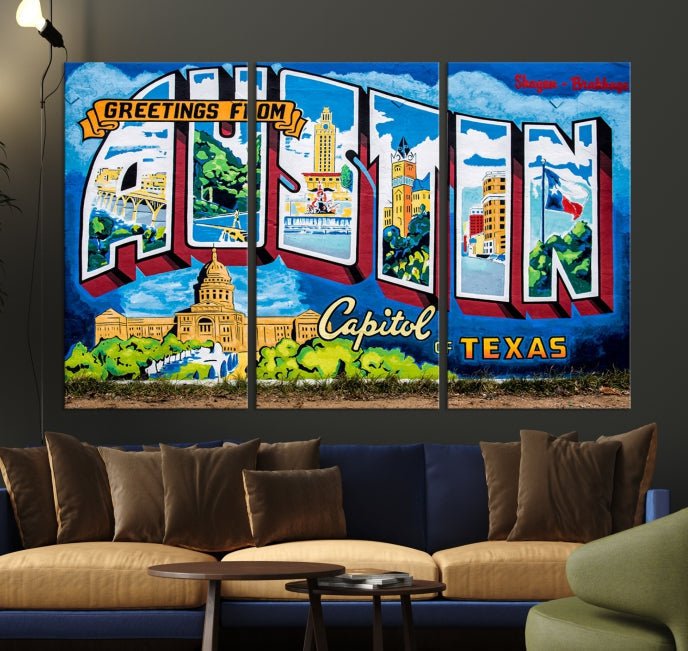 Austin City Sign Greetings from Austin Large Wall Art Canvas Print