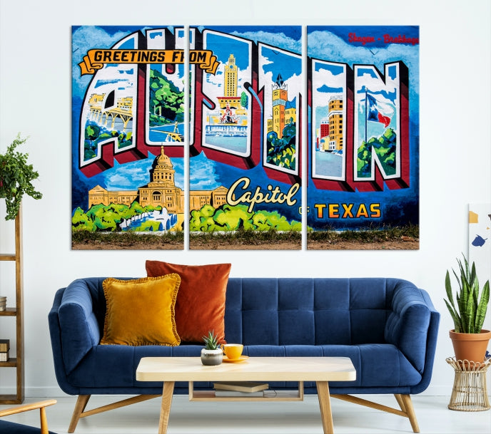 Austin City Sign Greetings from Austin Large Wall Art Canvas Print