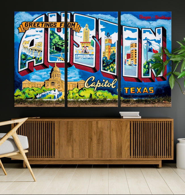 Austin City Sign Greetings from Austin Large Wall Art Canvas Print