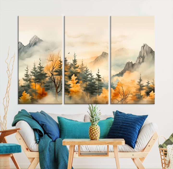 Autumn Foggy Forest Mountain Landscape Watercolor Painting Framed Wall Art Canvas Print