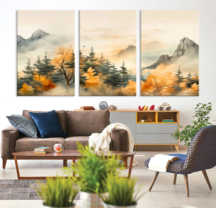 Autumn Foggy Forest Mountain Landscape Watercolor Painting Framed Wall Art Canvas Print