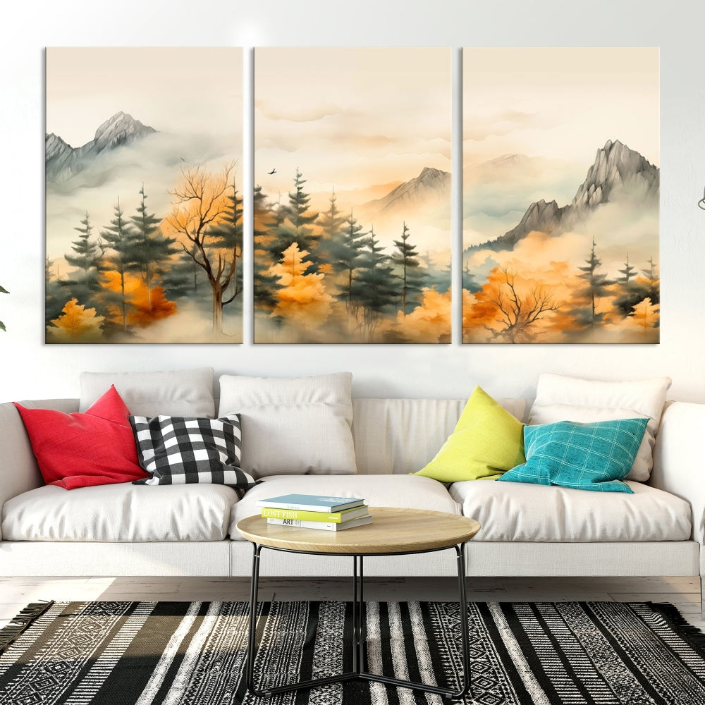 Autumn Foggy Forest Mountain Landscape Watercolor Painting Framed Wall Art Canvas Print