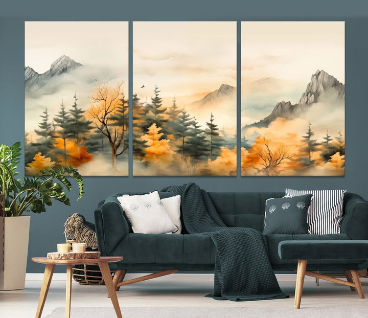 Autumn Foggy Forest Mountain Landscape Watercolor Painting Framed Wall Art Canvas Print