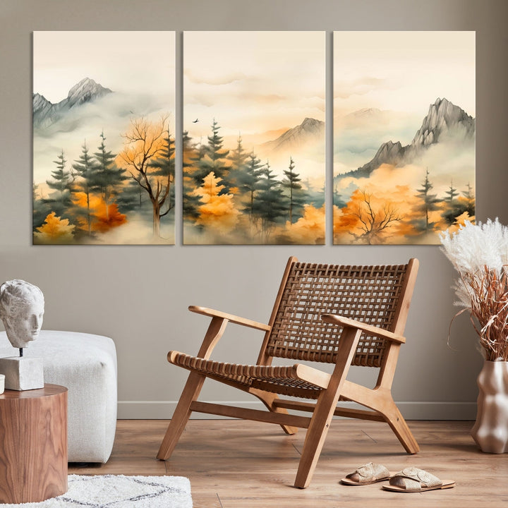 Autumn Foggy Forest Mountain Landscape Watercolor Painting Framed Wall Art Canvas Print