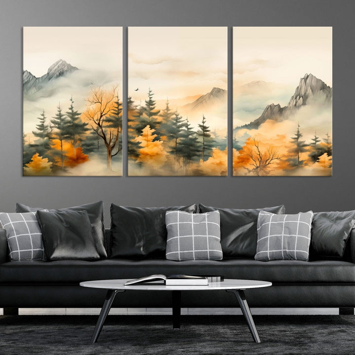 Autumn Foggy Forest Mountain Landscape Watercolor Painting Framed Wall Art Canvas Print