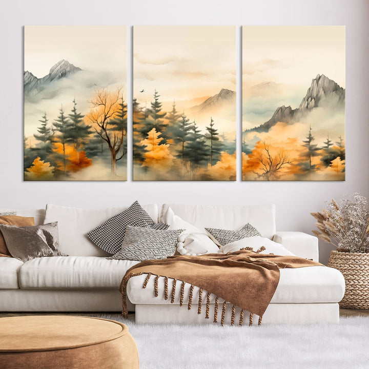 Autumn Foggy Forest Mountain Landscape Watercolor Painting Framed Wall Art Canvas Print