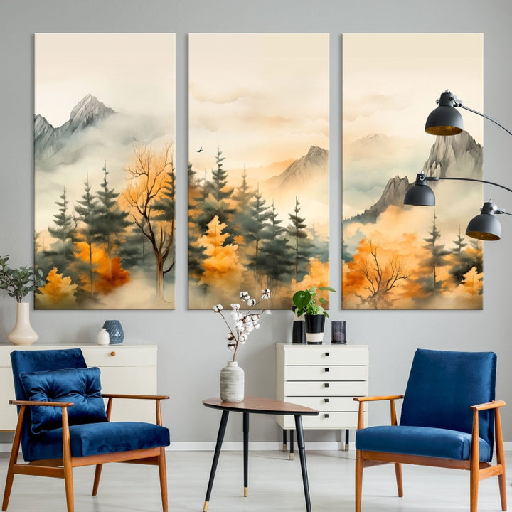 Autumn Foggy Forest Mountain Landscape Watercolor Painting Framed Wall Art Canvas Print