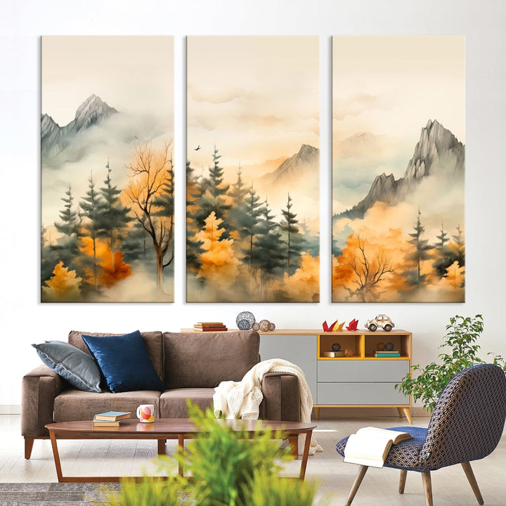 Autumn Foggy Forest Mountain Landscape Watercolor Painting Framed Wall Art Canvas Print