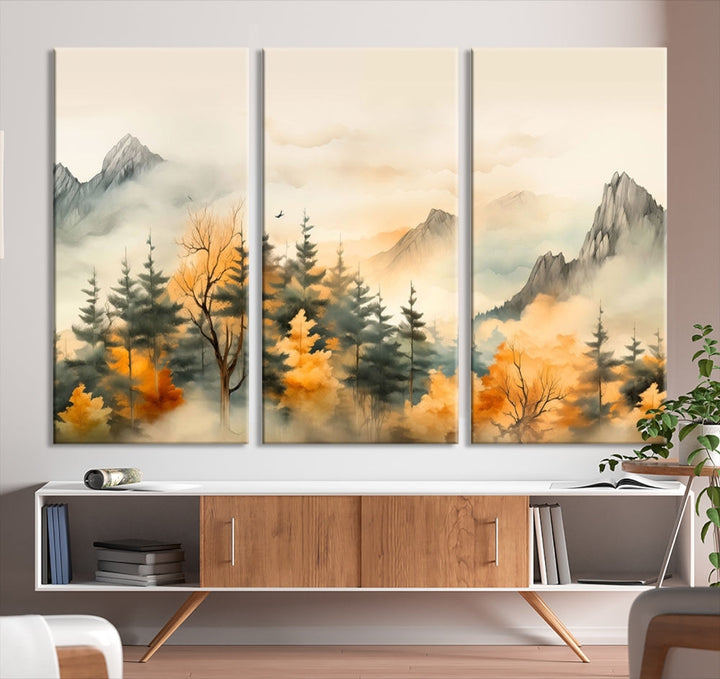 Autumn Foggy Forest Mountain Landscape Watercolor Painting Framed Wall Art Canvas Print