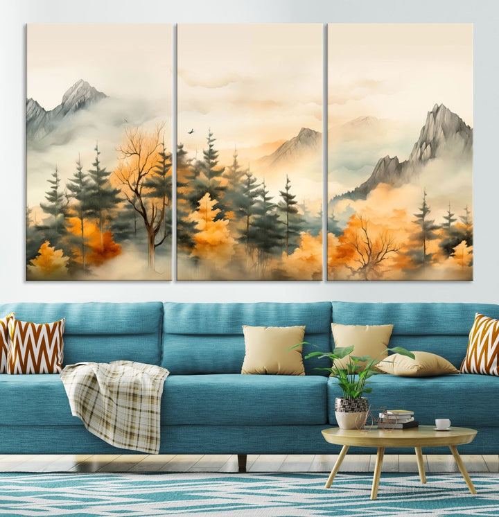 Autumn Foggy Forest Mountain Landscape Watercolor Painting Framed Wall Art Canvas Print