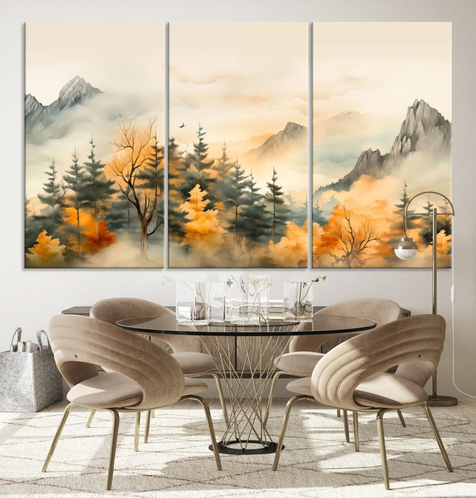 Autumn Foggy Forest Mountain Landscape Watercolor Painting Framed Wall Art Canvas Print