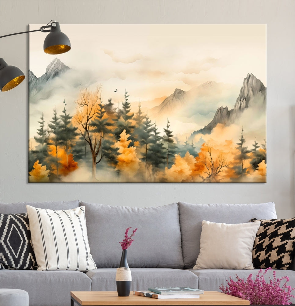 Autumn Foggy Forest Mountain Landscape Watercolor Painting Framed Wall Art Canvas Print