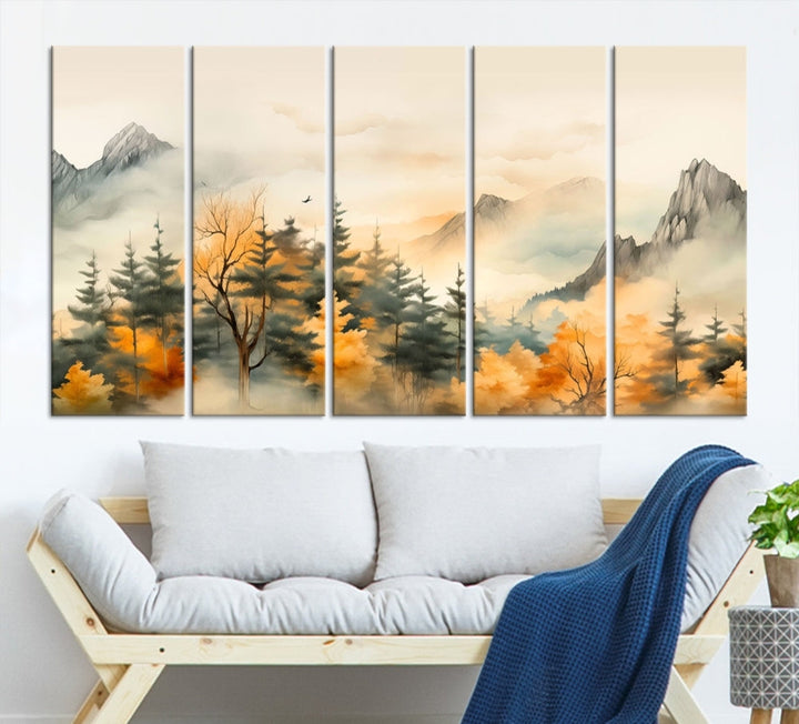 Autumn Foggy Forest Mountain Landscape Watercolor Painting Framed Wall Art Canvas Print