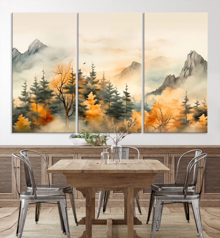 Autumn Foggy Forest Mountain Landscape Watercolor Painting Framed Wall Art Canvas Print