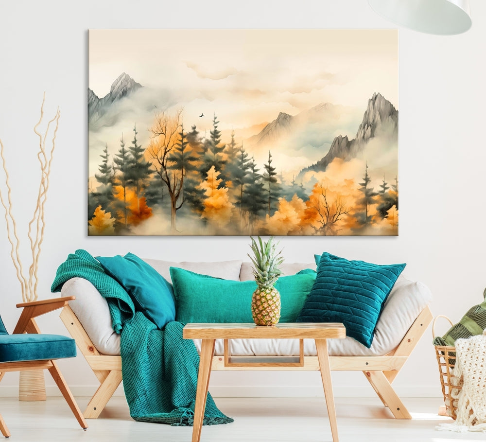 Autumn Foggy Forest Mountain Landscape Watercolor Painting Framed Wall Art Canvas Print