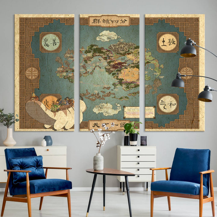 Avatar: The Last Airbender World Map Canvas Print - Detailed Fantasy Map Wall Art for Fans, Perfect for Living Room or Office, Ready to Hang