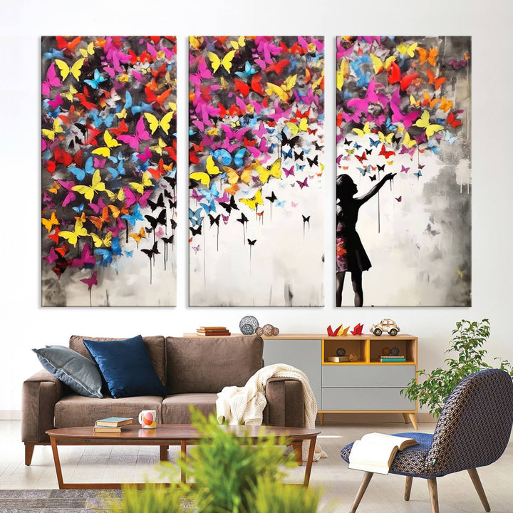 Banksy Butterflies Girl Wall Art Canvas Print | 3 Panel Butterfly Graffiti Artwork for Living Room, Office Decor, Street Art Canvas for Modern Homes