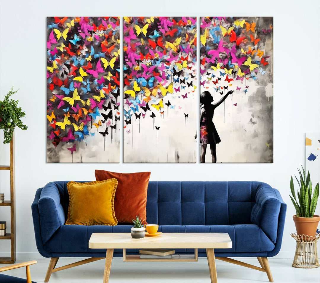 Banksy Butterflies Girl Wall Art Canvas Print | 3 Panel Butterfly Graffiti Artwork for Living Room, Office Decor, Street Art Canvas for Modern Homes