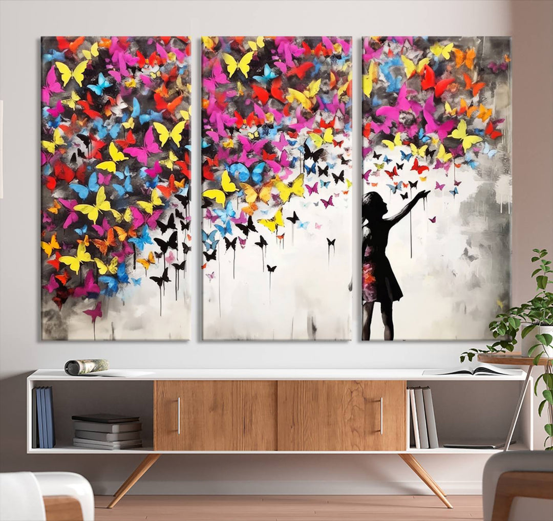 Banksy Butterflies Girl Wall Art Canvas Print | 3 Panel Butterfly Graffiti Artwork for Living Room, Office Decor, Street Art Canvas for Modern Homes