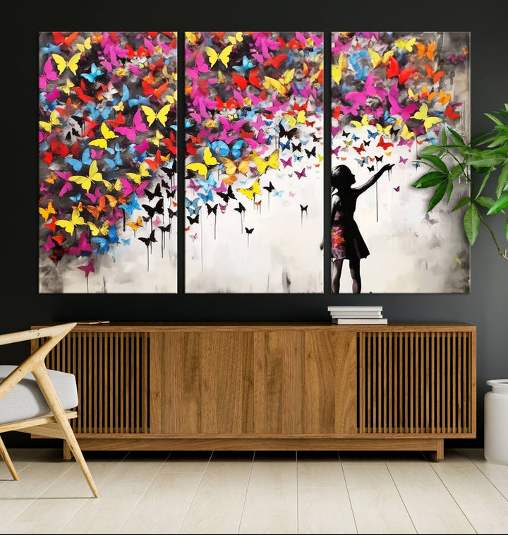 Banksy Butterflies Girl Wall Art Canvas Print | 3 Panel Butterfly Graffiti Artwork for Living Room, Office Decor, Street Art Canvas for Modern Homes