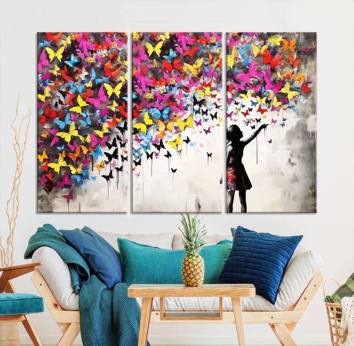 Banksy Butterflies Girl Wall Art Canvas Print | 3 Panel Butterfly Graffiti Artwork for Living Room, Office Decor, Street Art Canvas for Modern Homes