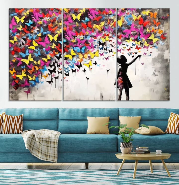 Banksy Butterflies Girl Wall Art Canvas Print | 3 Panel Butterfly Graffiti Artwork for Living Room, Office Decor, Street Art Canvas for Modern Homes