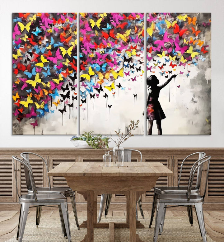 Banksy Butterflies Girl Wall Art Canvas Print | 3 Panel Butterfly Graffiti Artwork for Living Room, Office Decor, Street Art Canvas for Modern Homes