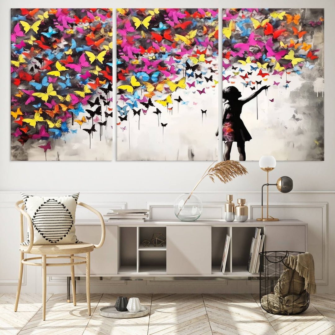 Banksy Butterflies Girl Wall Art Canvas Print | 3 Panel Butterfly Graffiti Artwork for Living Room, Office Decor, Street Art Canvas for Modern Homes